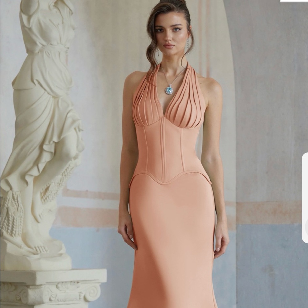 Miss Rosier Aurélie Orange Halterneck Mermaid Maxi Dress